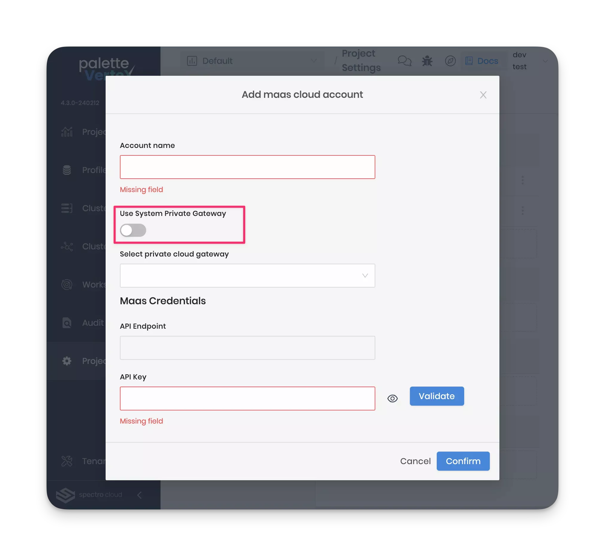 View of the cloud account registration screen with the system PCG check box highlighted